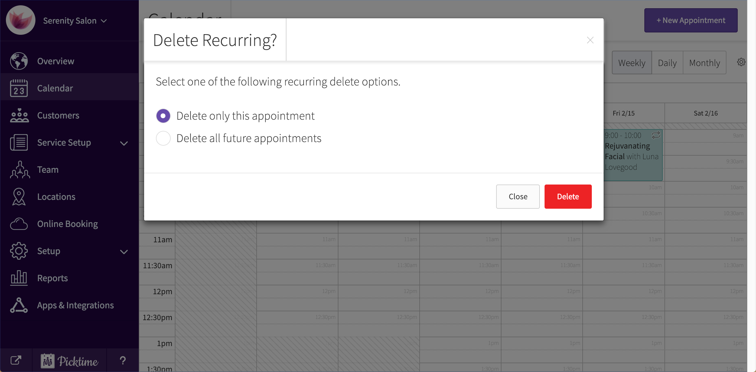 How to delete a recurring appointment?