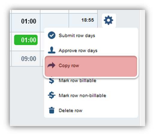 How do I copy time entries and time rows?