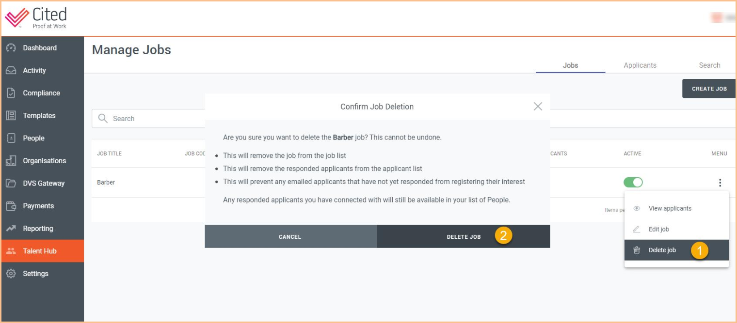 How do I delete a Job from Talent Hub?