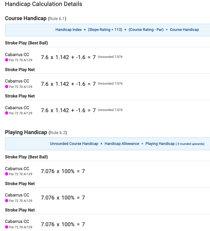 View Handicap Calculations per Player