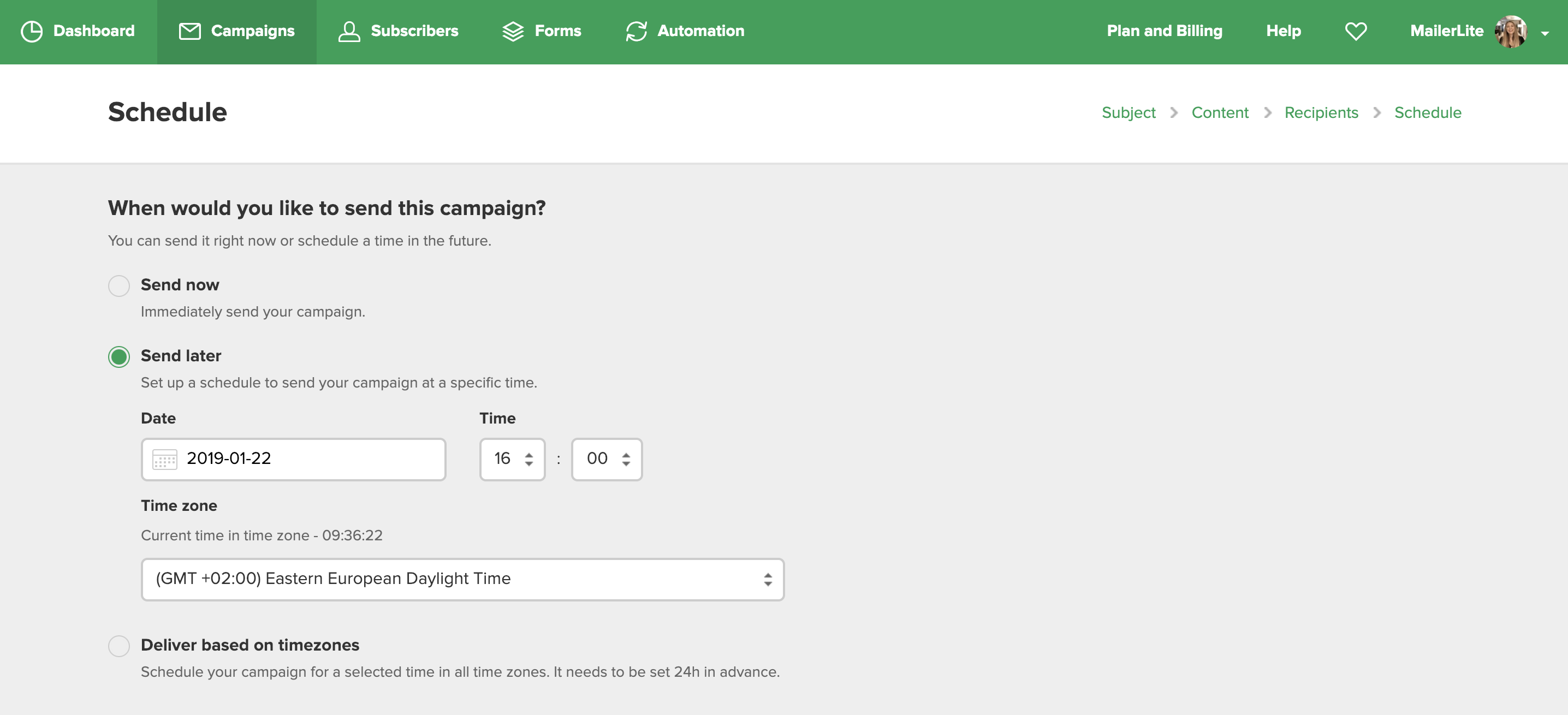mailerlite how to schedule a campaign time scedule